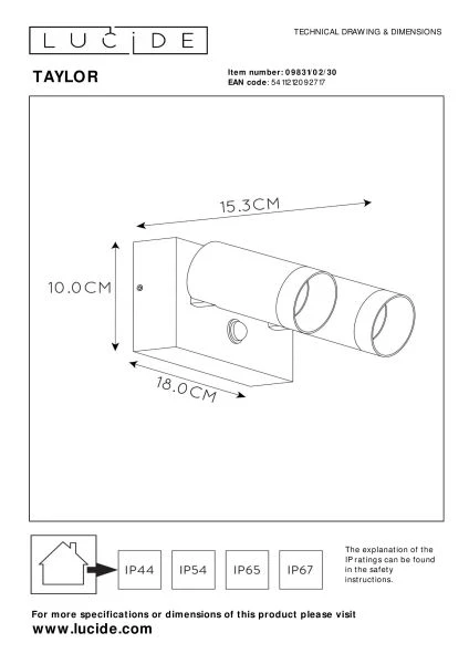 Lucide TAYLOR - Wandstrahler / Wandleuchte Innen/Außen - 2xGU10 - IP54 - Bewegungssensor - Schwarz - TECHNISCH